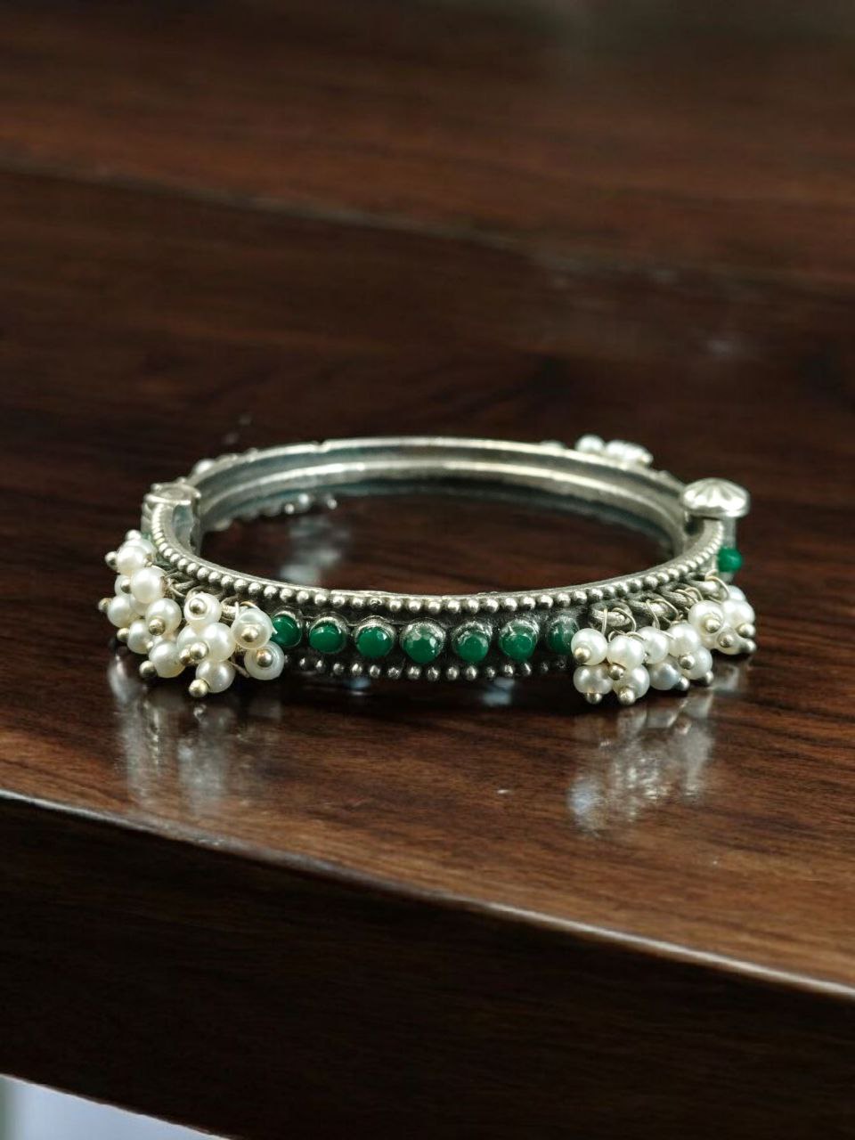 Antique Look Best Silver Replica Bangle | Openable Stone & Pearl Work Ethnic Jewelry 4 Antique look silver replica openable bangle with stone and pearl work
