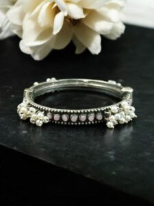 Antique Look Best Silver Replica Bangle | Openable Stone & Pearl Work Ethnic Jewelry - color: "Baby Pink"