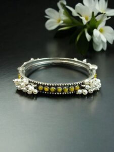 Antique Look Best Silver Replica Bangle | Openable Stone & Pearl Work Ethnic Jewelry - color: "Yellow"