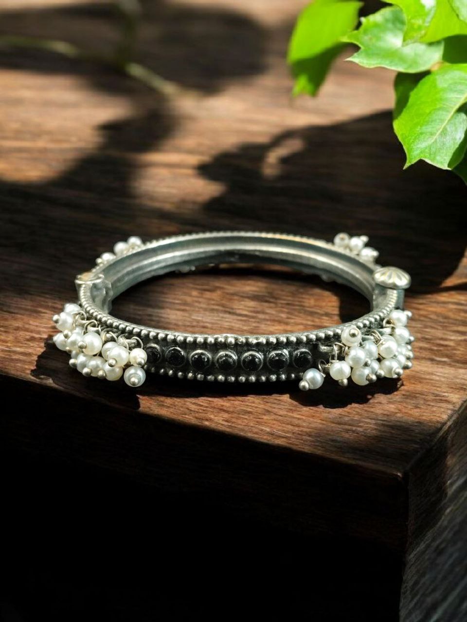 Antique Look Best Silver Replica Bangle | Openable Stone & Pearl Work Ethnic Jewelry 9 Antique look silver replica openable bangle with stone and pearl work