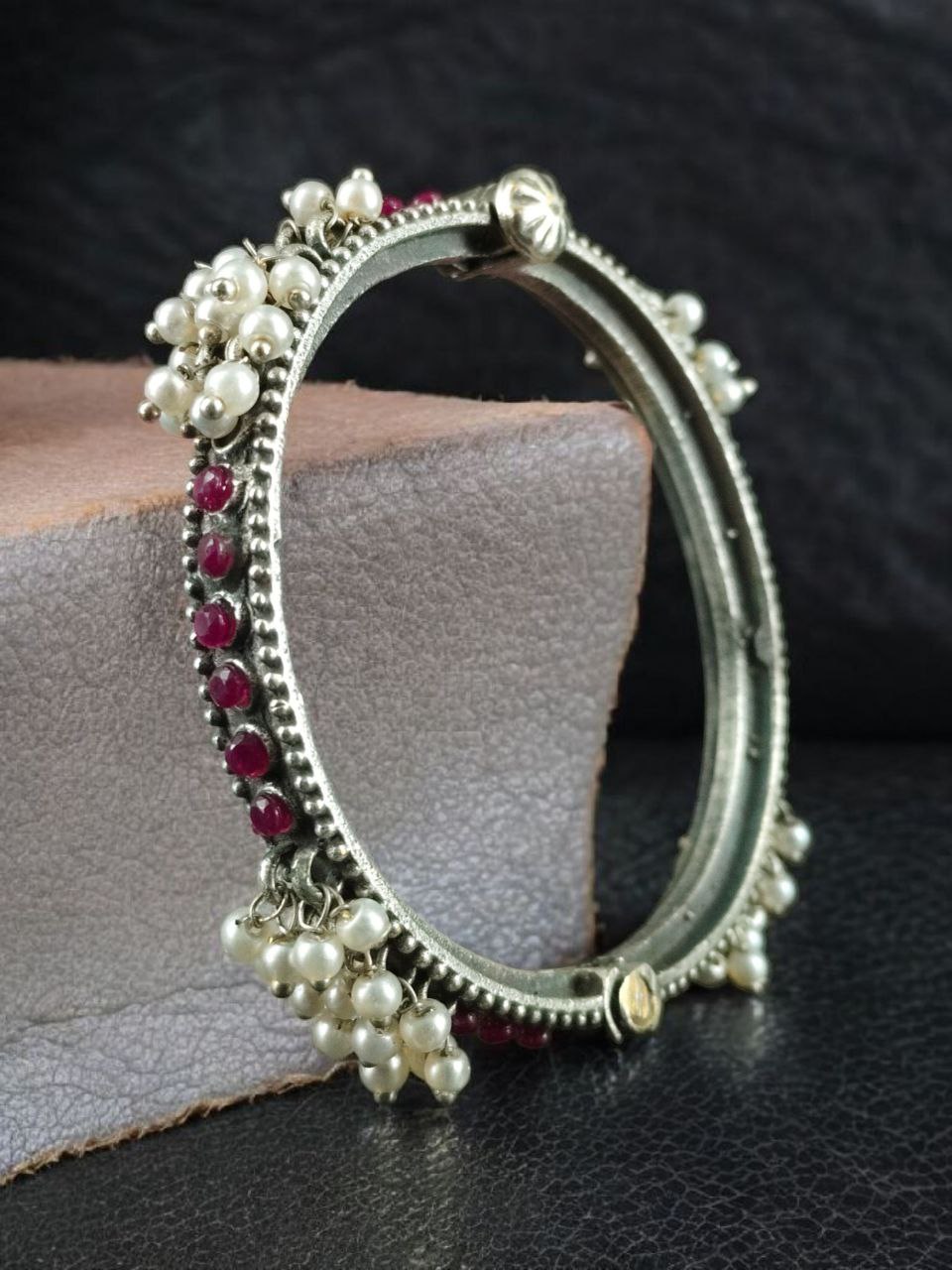 Antique Look Best Silver Replica Bangle | Openable Stone & Pearl Work Ethnic Jewelry 10 Antique look silver replica openable bangle with stone and pearl work
