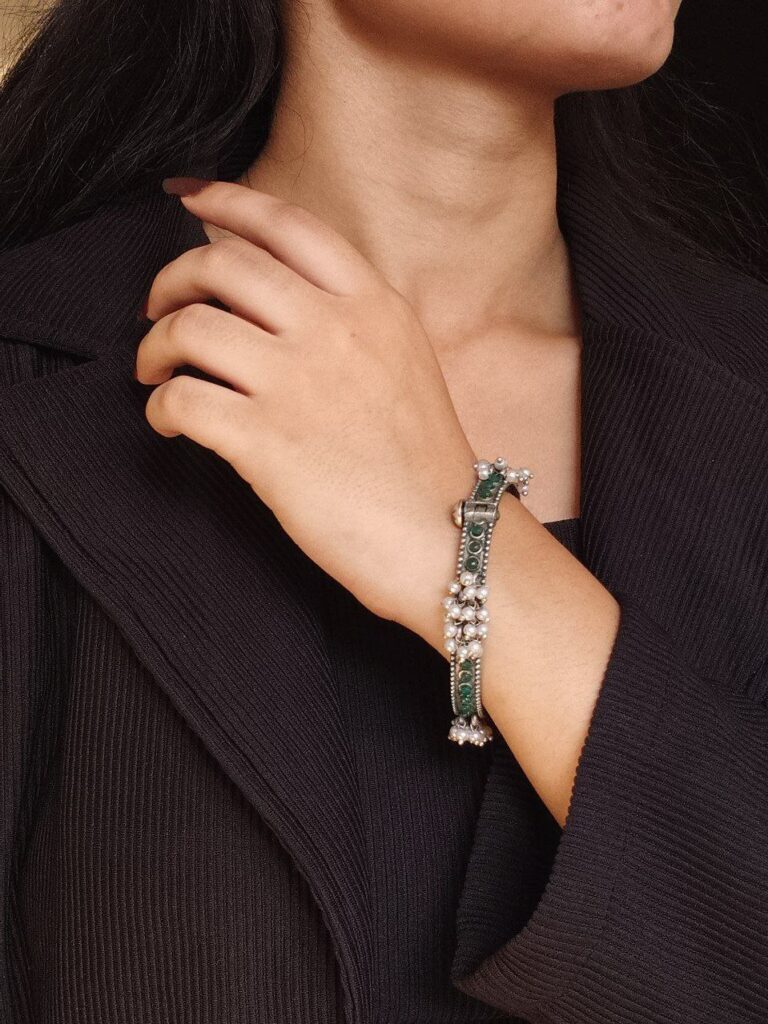 Antique Look Best Silver Replica Bangle | Openable Stone & Pearl Work Ethnic Jewelry