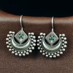 Traditional Half Moon Earrings | Silver Replica Oxidized Amazing Hook Earring for Women - "Green"