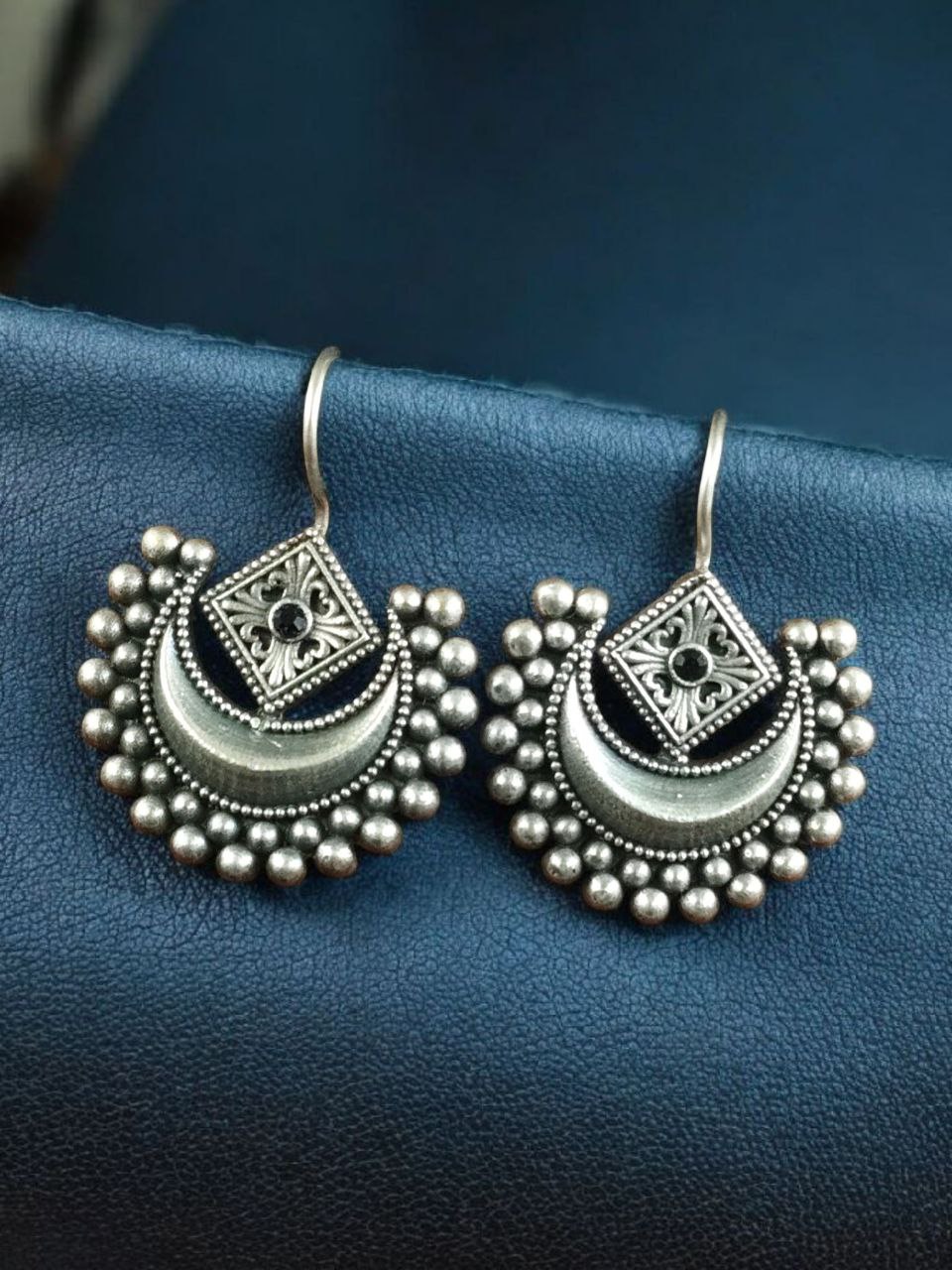 Traditional Half Moon Earrings | Silver Replica Oxidized Amazing Hook Earring for Women 4 Traditional oxidized silver replica half moon earrings for women