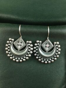 Traditional Half Moon Earrings | Silver Replica Oxidized Amazing Hook Earring for Women - color: "Baby Pink"