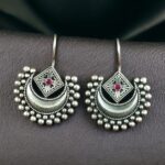 Traditional Half Moon Earrings | Silver Replica Oxidized Amazing Hook Earring for Women - "Red"
