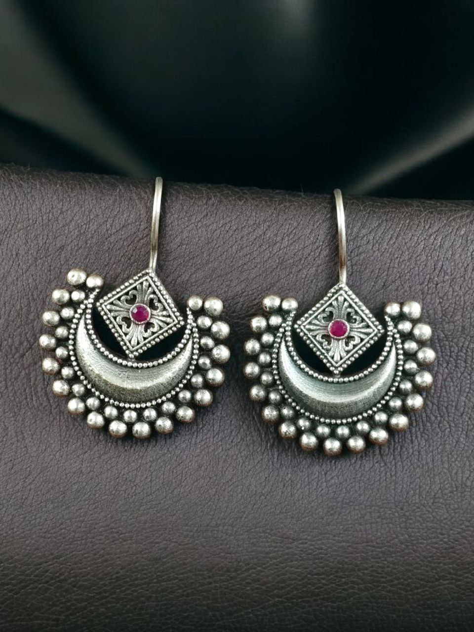 Traditional Half Moon Earrings | Silver Replica Oxidized Amazing Hook Earring for Women 2 Traditional oxidized silver replica half moon hook earrings for women