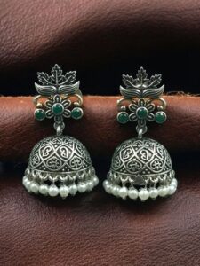 Beautiful Floral Art Jhumka Earrings | Vintage Look Oxidized Silver Replica Dangler with Pearl Work Best Jewelry - color: "Green"