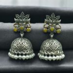 Bulk 56 Beautiful Floral Art Jhumka Earrings | Vintage Look Oxidized Silver Replica Dangler with Pearl Work Best Jewelry - "Yellow"