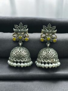 Beautiful Floral Art Jhumka Earrings | Vintage Look Oxidized Silver Replica Dangler with Pearl Work Best Jewelry - color: "Yellow"