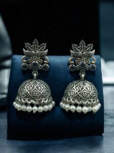 Beautiful Floral Art Jhumka Earrings | Vintage Look Oxidized Silver Replica Dangler with Pearl Work Best Jewelry - color: "Blue"