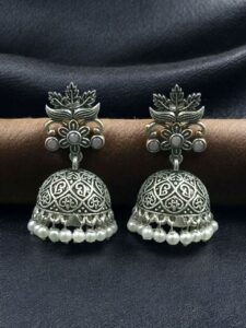 Beautiful Floral Art Jhumka Earrings | Vintage Look Oxidized Silver Replica Dangler with Pearl Work Best Jewelry - color: "Baby Pink"