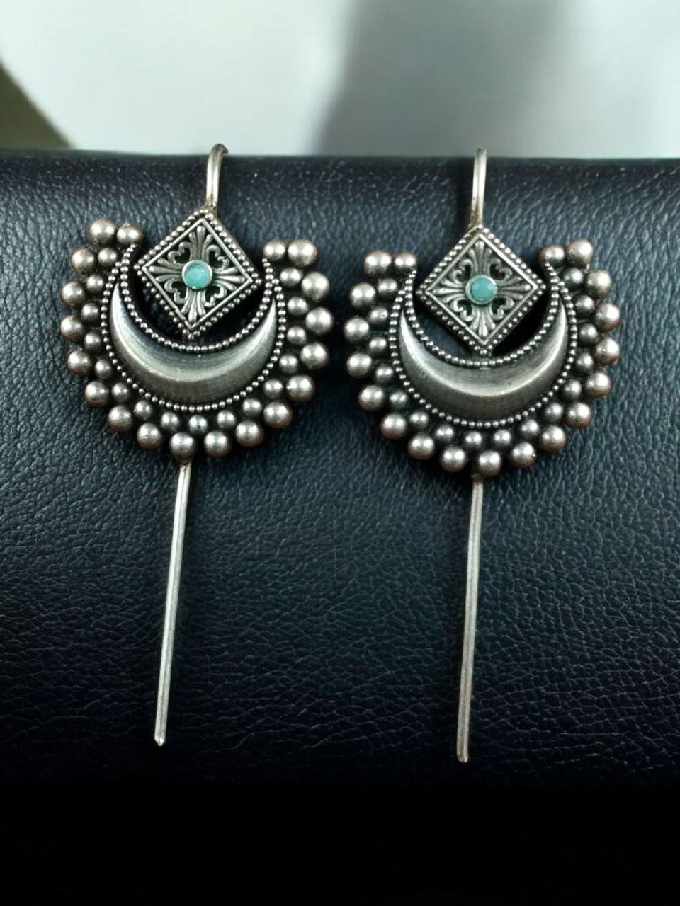 Designer Half Moon Oxidized Earcuff | Silver Replica Ethnic Stone Perfect Jewelry for Girls 6 Designer Half Moon Oxidized Silver Replica Earcuff with Stone Work for Girls