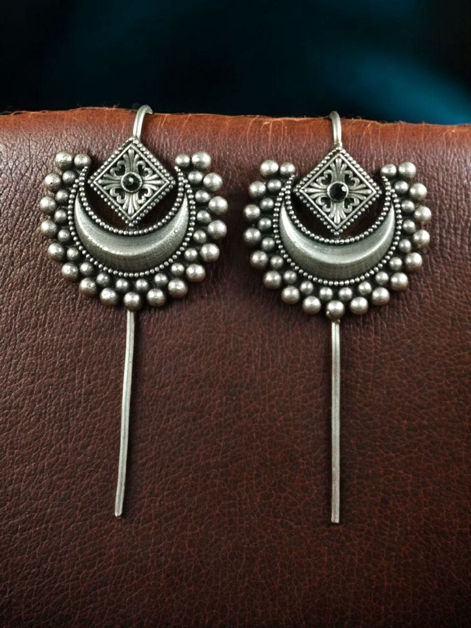 Designer Half Moon Oxidized Earcuff | Silver Replica Ethnic Stone Perfect Jewelry for Girls 5 Designer Half Moon Oxidized Silver Replica Earcuff with Stone Work for Girls