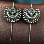 Designer Half Moon Oxidized Earcuff | Silver Replica Ethnic Stone Perfect Jewelry for Girls - "Green"