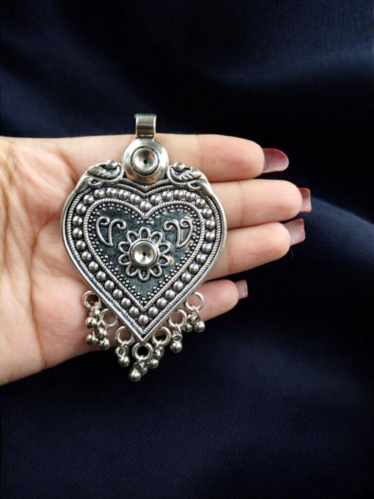 Traditional German Silver Pendant | Heart & Flower Design with Ghungroo for DIY Crafts