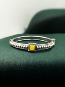 Handcrafted Silver Plated Bangle | Openable Ethnic Kada with Beautiful Stone Design - color: "Yellow"