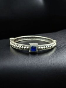 Handcrafted Silver Plated Bangle | Openable Ethnic Kada with Beautiful Stone Design - color: "Blue"