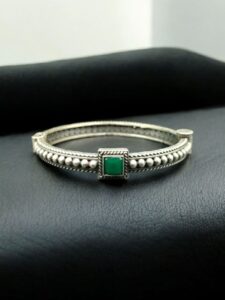 Handcrafted Silver Plated Bangle | Openable Ethnic Kada with Beautiful Stone Design - color: "Green"