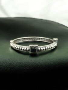 Handcrafted Silver Plated Bangle | Openable Ethnic Kada with Beautiful Stone Design - color: "Black"