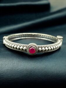 Antique Look Silver Plated Kada | Stone Work Openable Ethnic Perfect Bangle for Women - color: "Red"