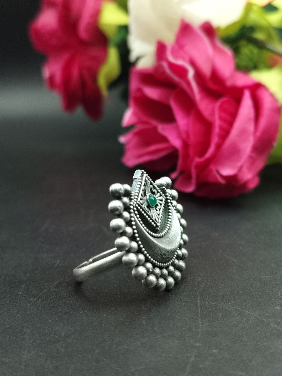 Adjustable Half Moon Ring | Silver Replica Best Traditional Stone Jewelry for Women 11 Adjustable silver replica half moon ring with stone design for women.