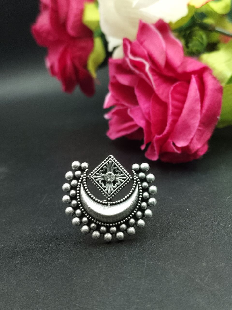 Adjustable Half Moon Ring | Silver Replica Best Traditional Stone Jewelry for Women 10 Adjustable silver replica half moon ring with stone design for women.