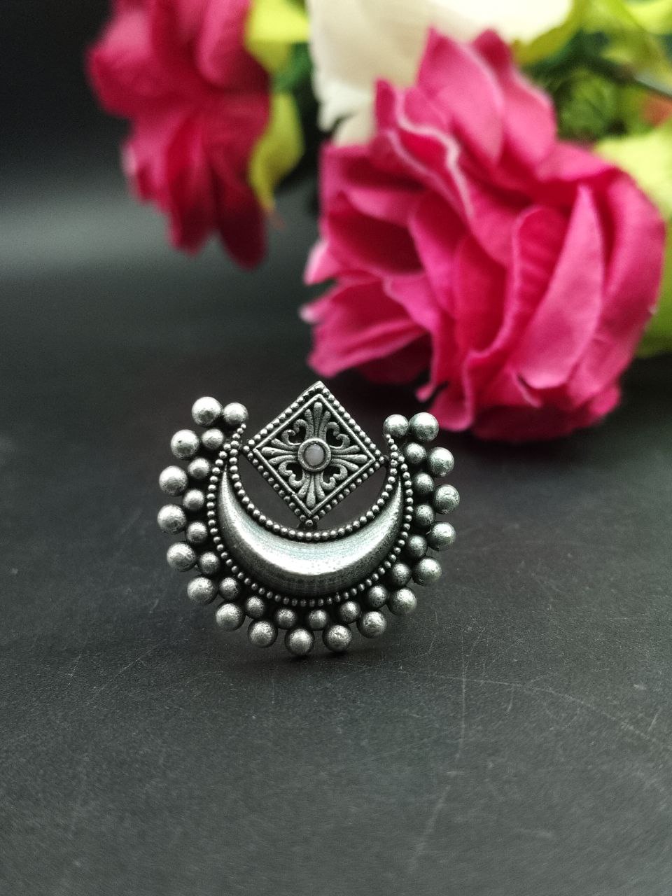 Adjustable Half Moon Ring | Silver Replica Best Traditional Stone Jewelry for Women 9 Adjustable silver replica half moon ring with stone design for women.