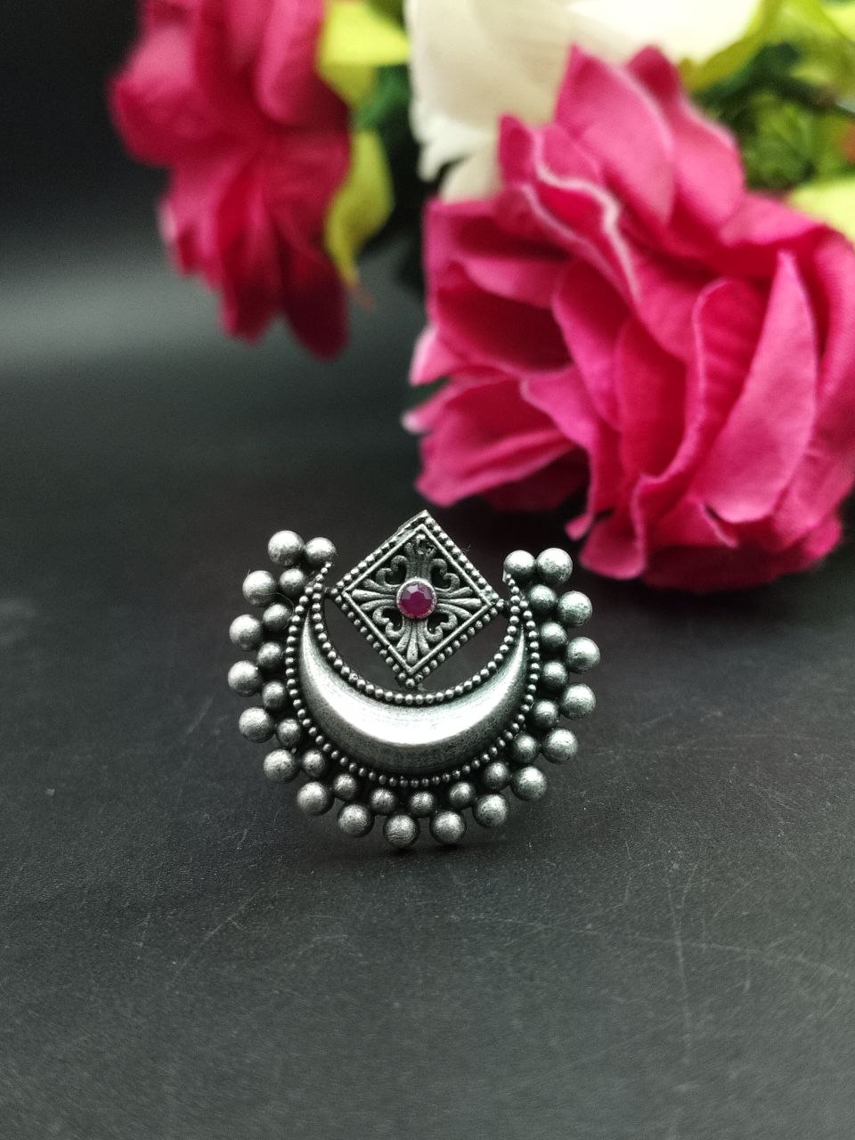 Adjustable Half Moon Ring | Silver Replica Best Traditional Stone Jewelry for Women 8 Adjustable silver replica half moon ring with stone design for women.