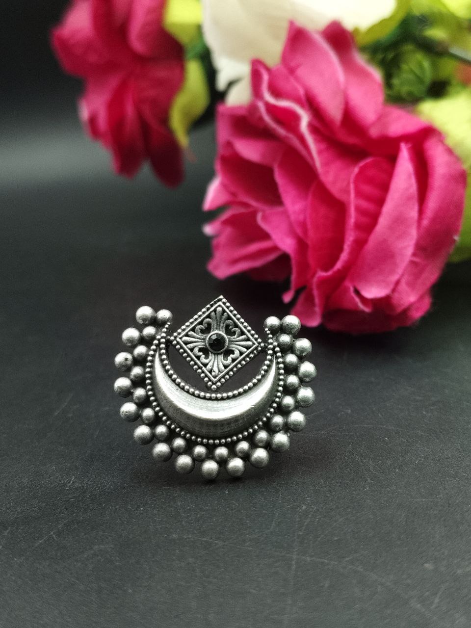 Adjustable Half Moon Ring | Silver Replica Best Traditional Stone Jewelry for Women 5 Adjustable silver replica half moon ring with stone design for women.