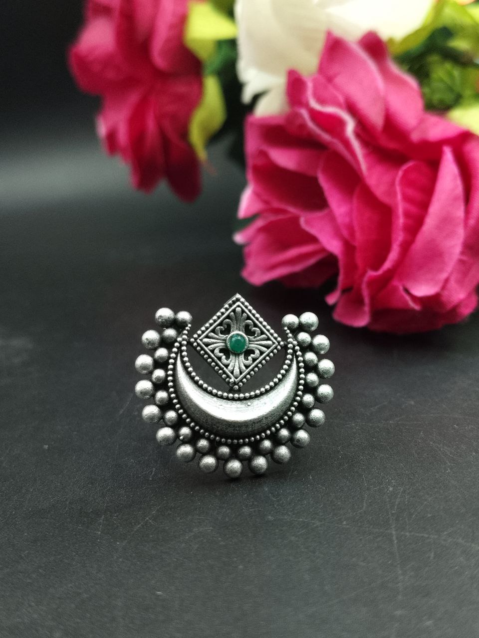 Adjustable Half Moon Ring | Silver Replica Best Traditional Stone Jewelry for Women 7 Adjustable silver replica half moon ring with stone design for women.