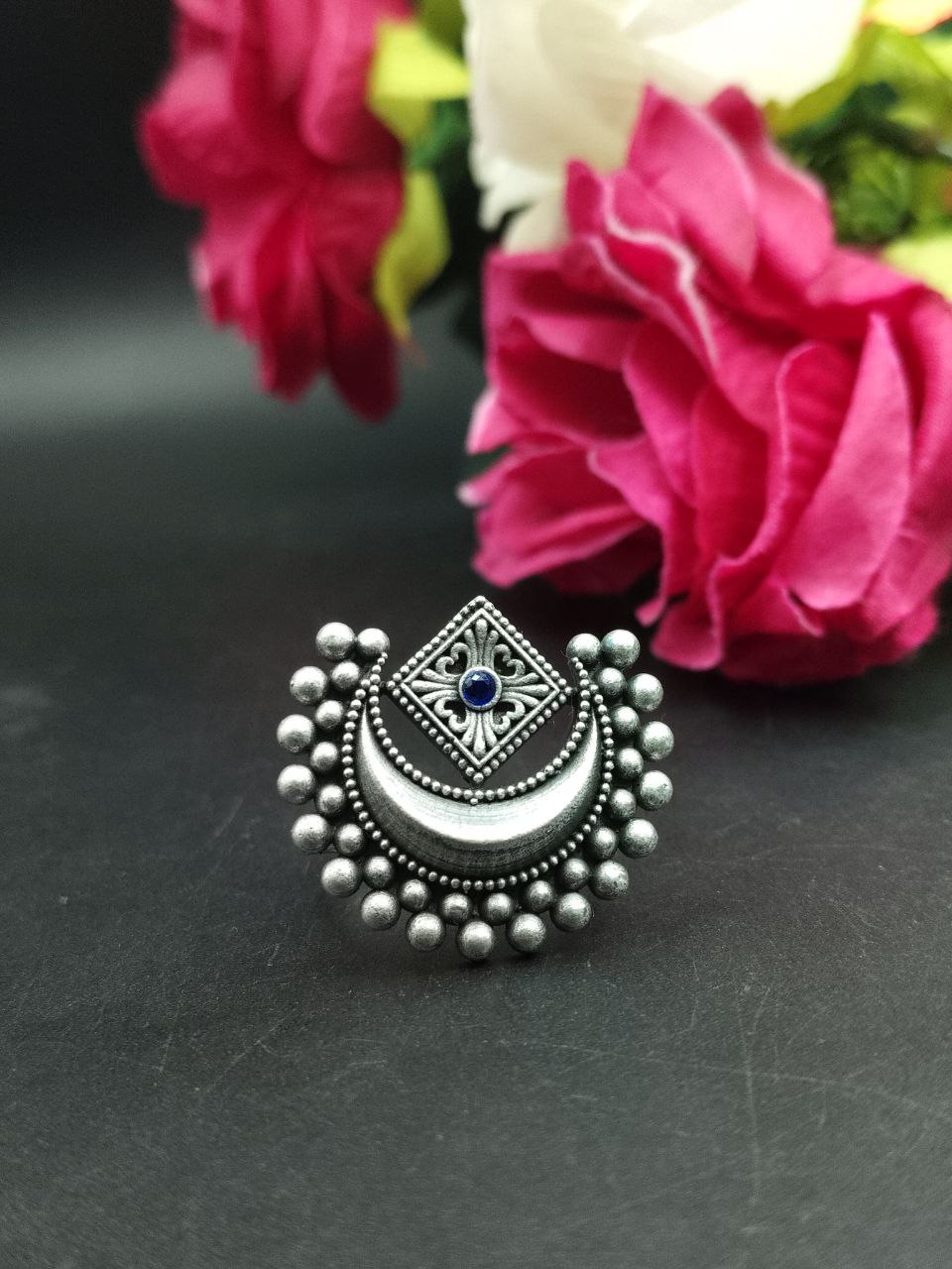 Adjustable Half Moon Ring | Silver Replica Best Traditional Stone Jewelry for Women 4 Adjustable silver replica half moon ring with stone design for women.