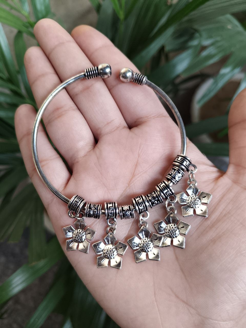 Traditional German Silver Flower Charm Bangles | Beautiful Ethnic Handcrafted Jewelry 3 Traditional German silver with flower charm bangles ethnic handcrafted design.