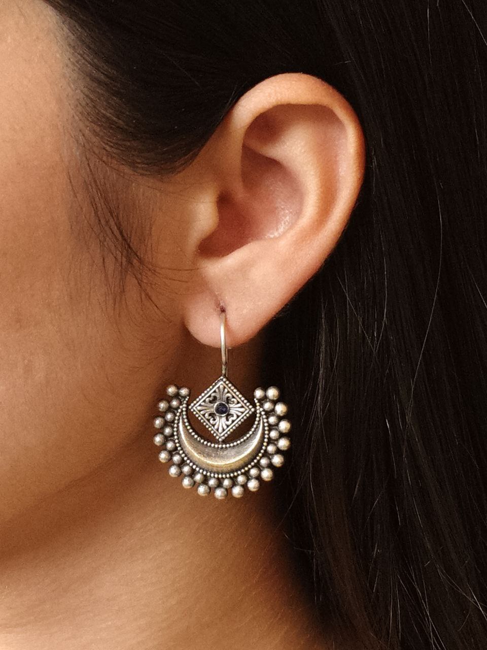 Traditional Half Moon Earrings | Silver Replica Oxidized Amazing Hook Earring for Women 1 Traditional oxidized silver replica half moon earrings for women
