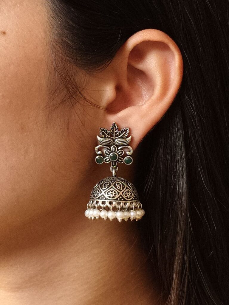 Beautiful Floral Art Jhumka Earrings | Vintage Look Oxidized Silver Replica Dangler with Pearl Work Best Jewelry