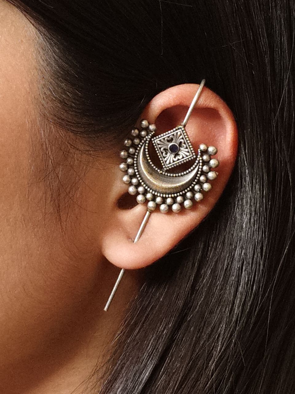 Designer Half Moon Oxidized Earcuff | Silver Replica Ethnic Stone Perfect Jewelry for Girls 1 Designer Half Moon Oxidized Earcuff Silver Replica with Stone Work for Girls