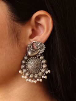 Antique Look Bird Earrings with Pearl Detailing in Silver Replica Oxidized Finish