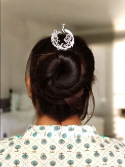 Elegant Oxidized Peacock Juda Pin Silver Replica Floral Art Hair Accessory for Girls
