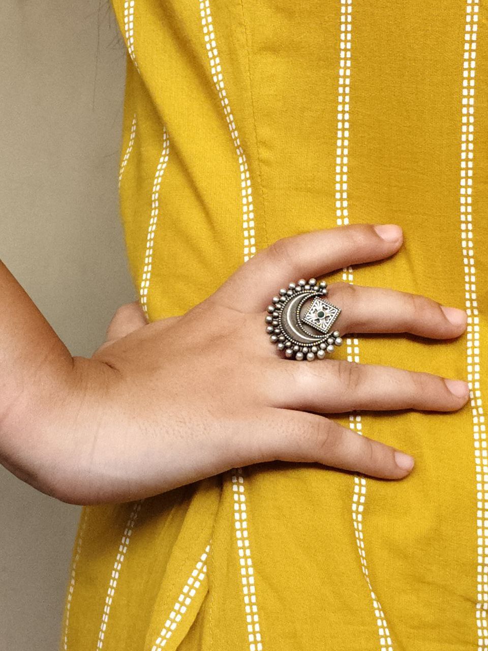 Adjustable Half Moon Ring | Silver Replica Best Traditional Stone Jewelry for Women 3 Adjustable silver replica half moon ring with stone design for women.