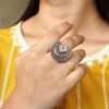 Adjustable Half Moon Ring | Silver Replica Best Traditional Stone Jewelry for Women 15 Adjustable silver replica half moon ring with stone design for women.