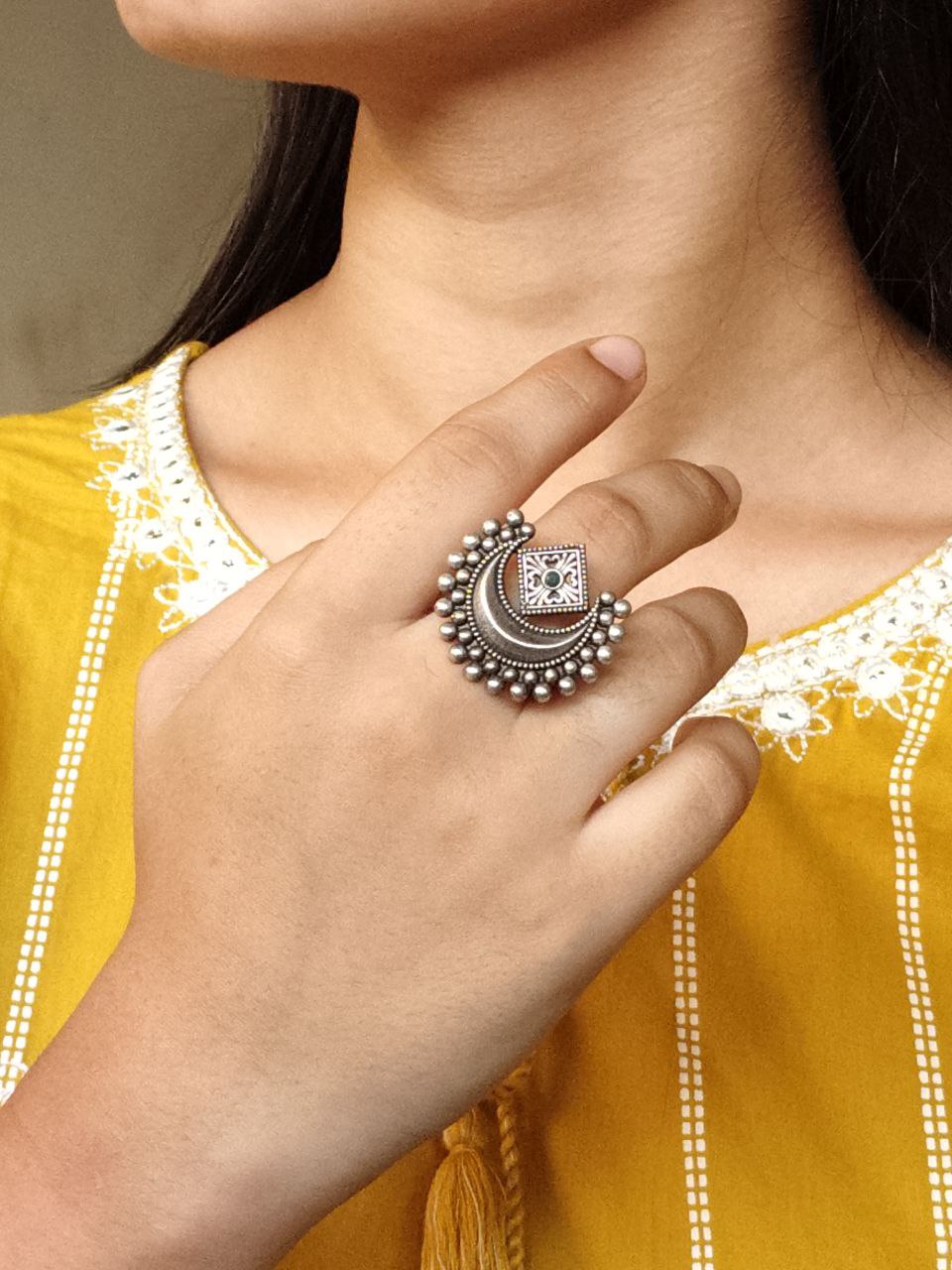 Adjustable Half Moon Ring | Silver Replica Best Traditional Stone Jewelry for Women 1 Adjustable silver replica half moon ring with stone design for women.