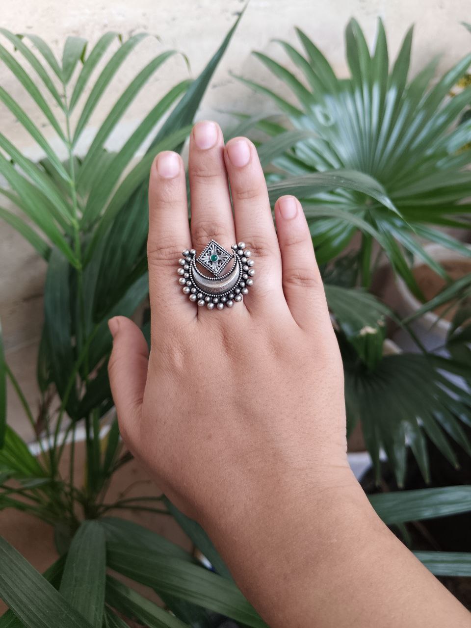 Adjustable Half Moon Ring | Silver Replica Best Traditional Stone Jewelry for Women 6 Adjustable silver replica half moon ring with stone design for women.