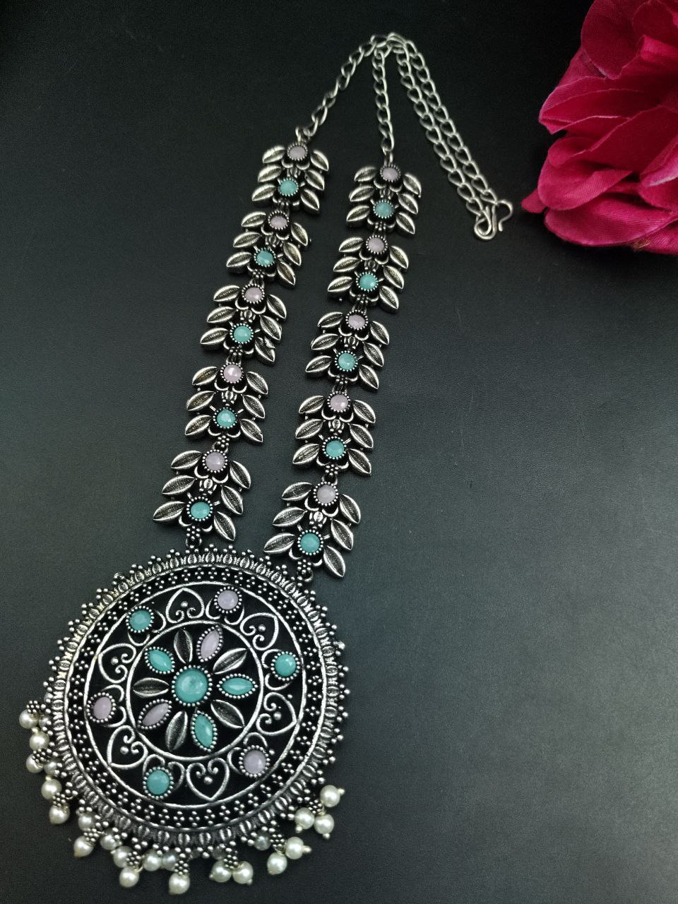 Designer Traditional Oxidized Necklace With Stone & Pearl Work | Ethnic Statement Jewelry for Girls 3 Designer Traditional Oxidized Necklace With Stone & Pearl Work | Ethnic Statement Jewelry for Girls - Image 3