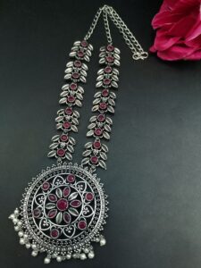 Designer Traditional Oxidized Necklace With Stone & Pearl Work | Ethnic Statement Jewelry for Girls - color: "Red"
