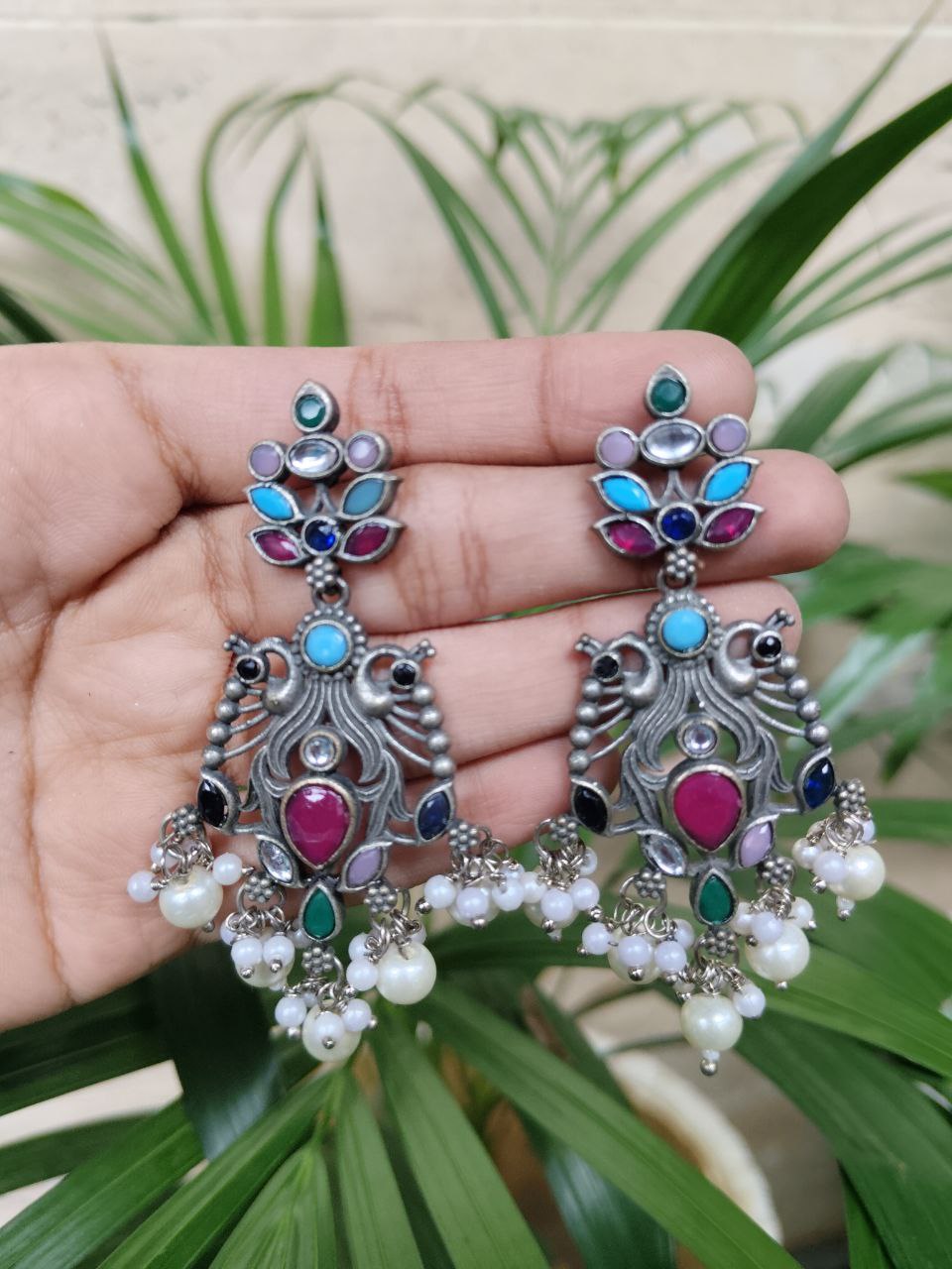 Elegant Peacock Design Earrings | Silver Replica Dangler with Stone & Pearl Detailing Best Jewelry 9 Elegant Peacock Design Earrings | Silver Replica Dangler with Stone & Pearl Detailing Best Jewelry - Image 10