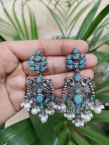 Elegant Peacock Design Earrings | Silver Replica Dangler with Stone & Pearl Detailing Best Jewelry - color: "Mint"