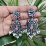 Bulk 124 Elegant Peacock Design Earrings | Silver Replica Dangler with Stone & Pearl Detailing Best Jewelry - "Baby Pink-Mint"