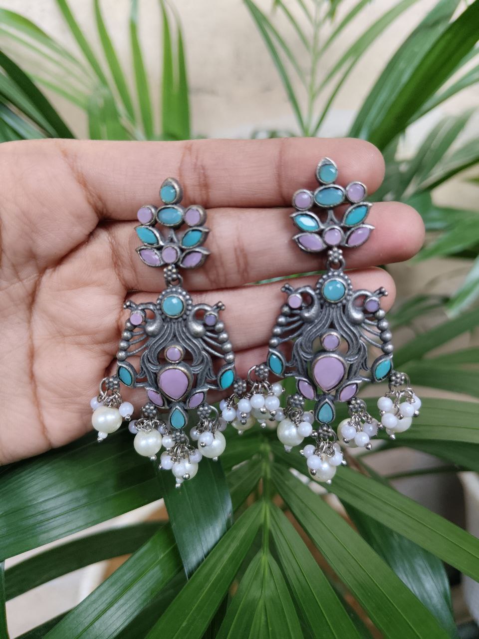 Elegant Peacock Design Earrings | Silver Replica Dangler with Stone & Pearl Detailing Best Jewelry 7 Elegant Peacock Design Earrings | Silver Replica Dangler with Stone & Pearl Detailing Best Jewelry - Image 8