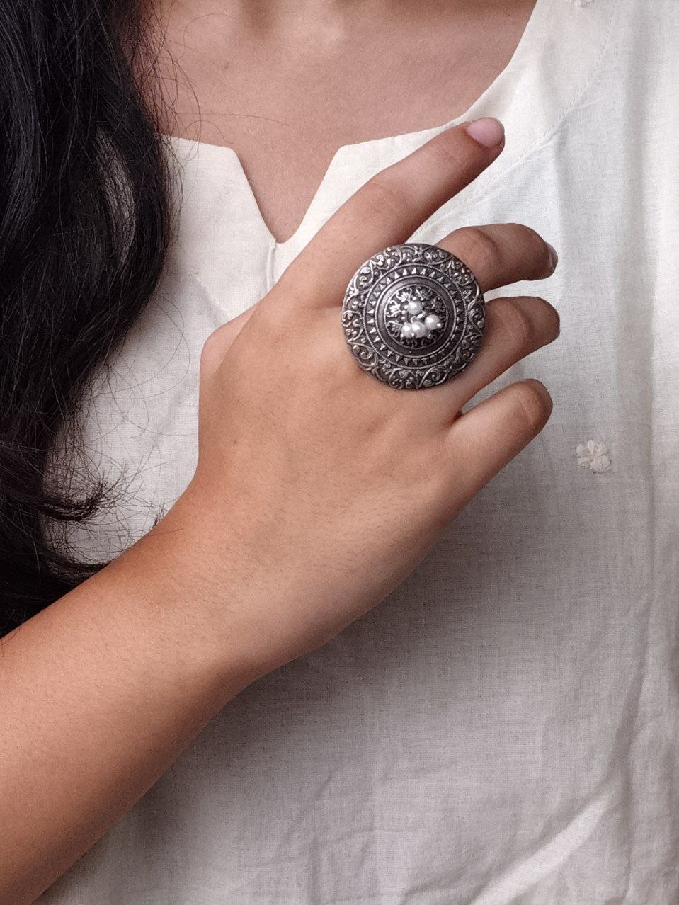 Adjustable Floral Art Pearl Work Ring | Oxidized Silver Replica Ethnic Perfect Jewelry for Women 7 Oxidized Silver Replica Floral Art Pearl Work Adjustable Ring for Women