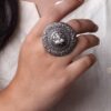 Adjustable Floral Art Pearl Work Ring | Oxidized Silver Replica Ethnic Perfect Jewelry for Women 8 Oxidized Silver Replica Floral Art Pearl Work Adjustable Ring for Women